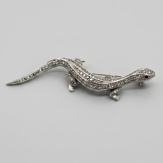 Attwood and Sawyer Salamander Brooch, Signed Silver-Tone Pave Rhinestone Lizard Pin, 1980s Figural Animal Brooch, Signed Costume Jewelry