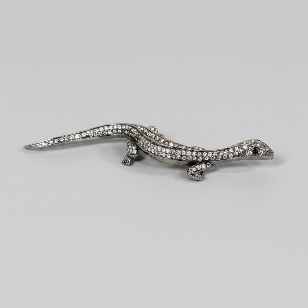 Attwood and Sawyer Salamander Brooch, Signed Silver-Tone Pave Rhinestone Lizard Pin, 1980s Figural Animal Brooch, Signed Costume Jewelry – photo 4