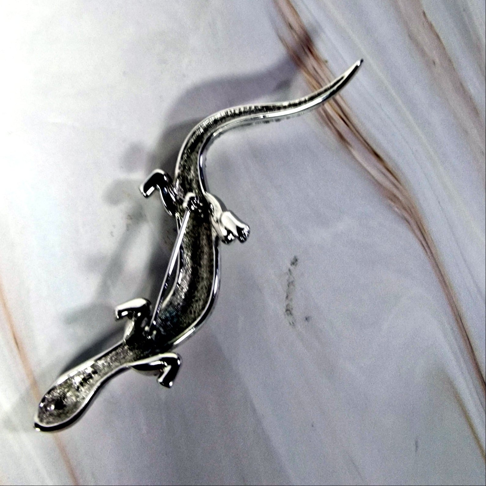 Attwood and Sawyer Salamander Brooch, Signed Silver-Tone Pave Rhinestone Lizard Pin, 1980s Figural Animal Brooch, Signed Costume Jewelry – photo 6