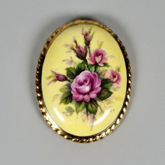 Vintage Gold-Tone Floral Rose Brooch Oval Plastic Cabochon Pink Cream Costume