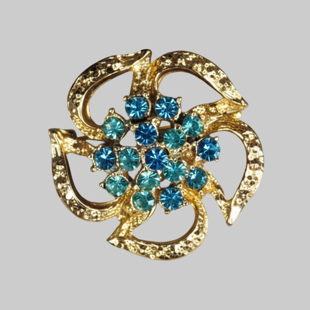 Vintage Gold-Tone Round Floral Brooch Blue Rhinestone Cluster Costume Pin