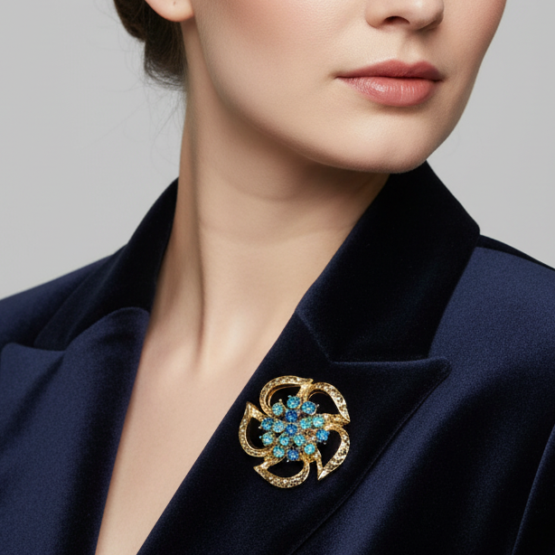 Vintage 1960s Gold-Tone Round Floral Brooch Blue Rhinestone Cluster Costume Pin