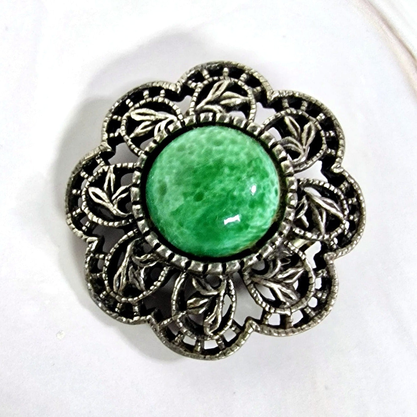 Silver Filigree Brooch, Green Cabochon Faux Stone, Antique-Style Floral Rosette Pin, Vintage Costume Jewelry, Silver Green Brooch