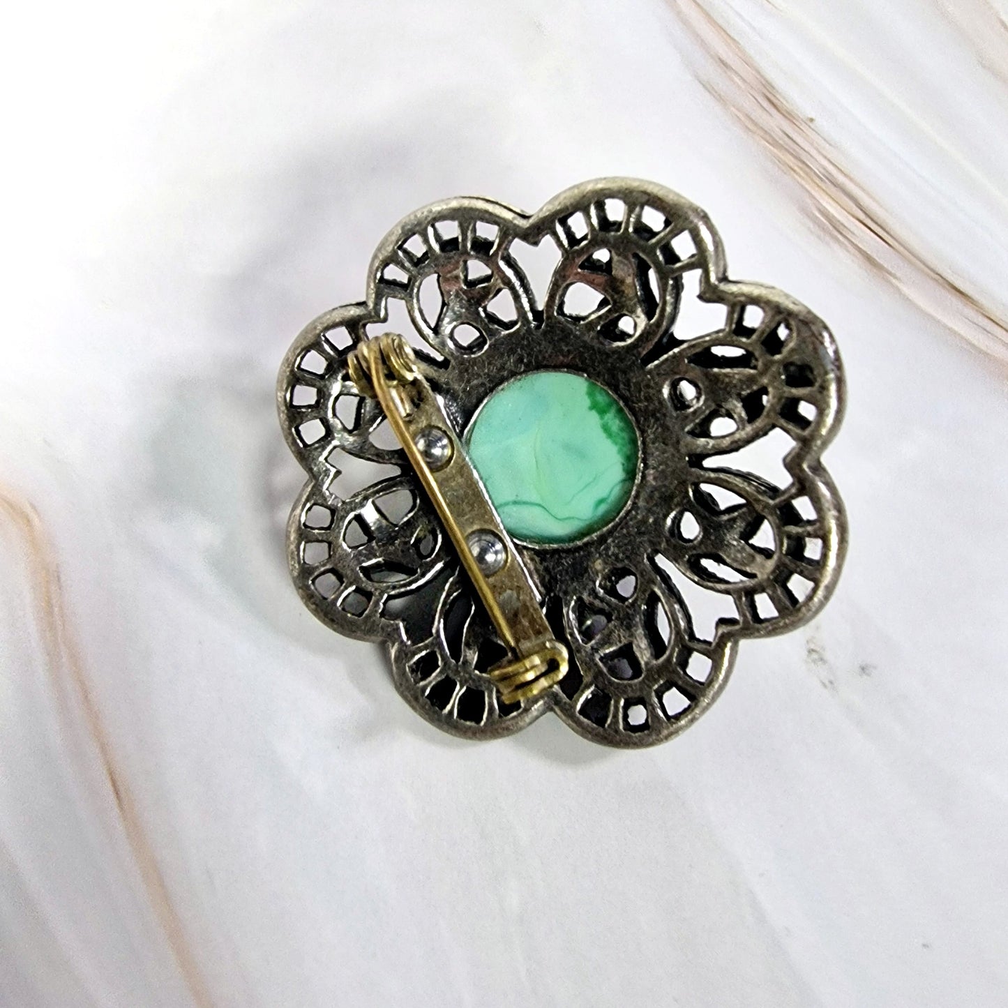 Silver Filigree Brooch, Green Cabochon Faux Stone, Antique-Style Floral Rosette Pin, Vintage Costume Jewelry, Silver Green Brooch – photo 2