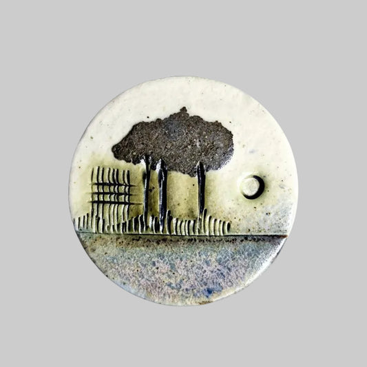 Vintage White Ceramic Brooch Geometric Tree Landscape Pin