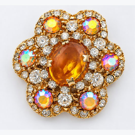 Vintage 1960s Gold-Tone Floral Brooch Pin Citrine Glass Aurora Borealis Retro