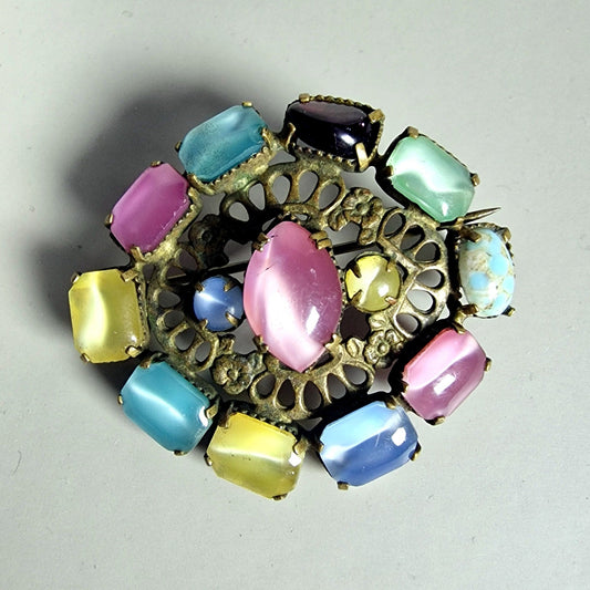 Vintage Gold-Tone Multicolor Glass Brooch Pastel Cabochon Filigree Pin