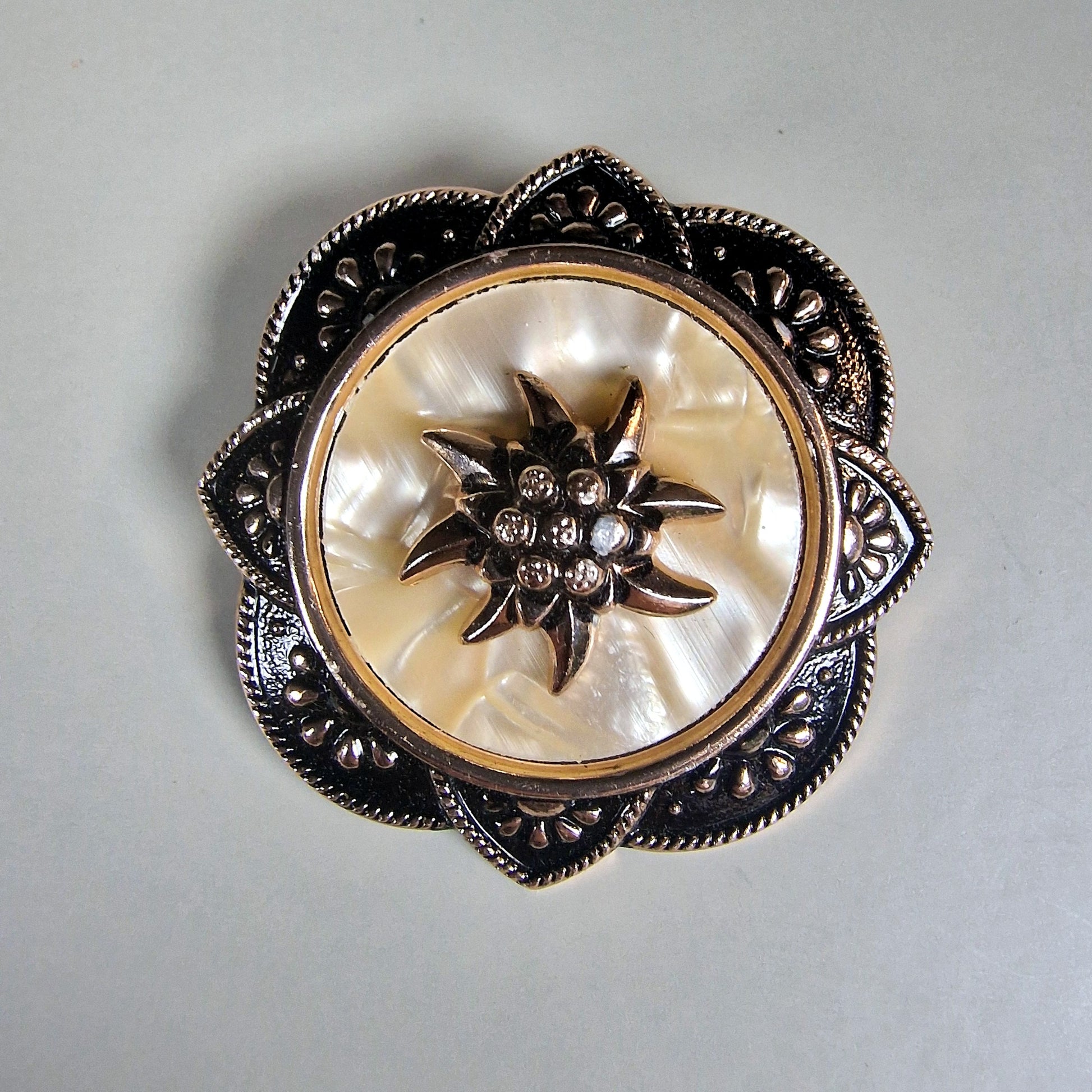 Vintage Gold Tone Silver Ornate Star Clip Brooch Pearl Faux Costume Jewelry