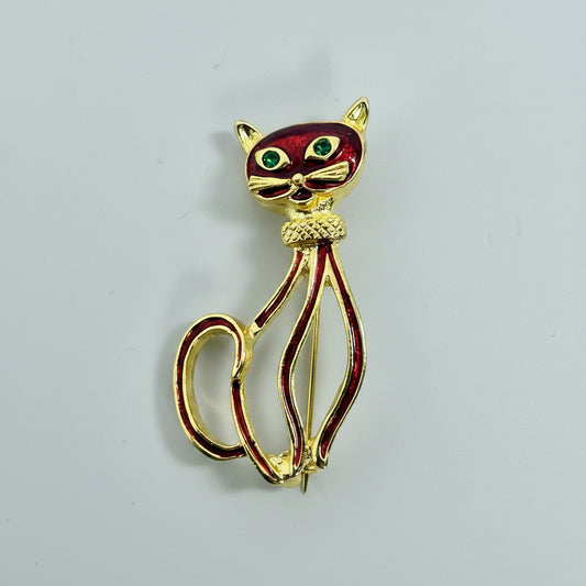 1970s Gold-Tone Red Enamel Cat Brooch, Figural Animal Lapel Pin, Open-Work Body, Green Glass Eyes, Retro Vintage Costume Jewelry Pin