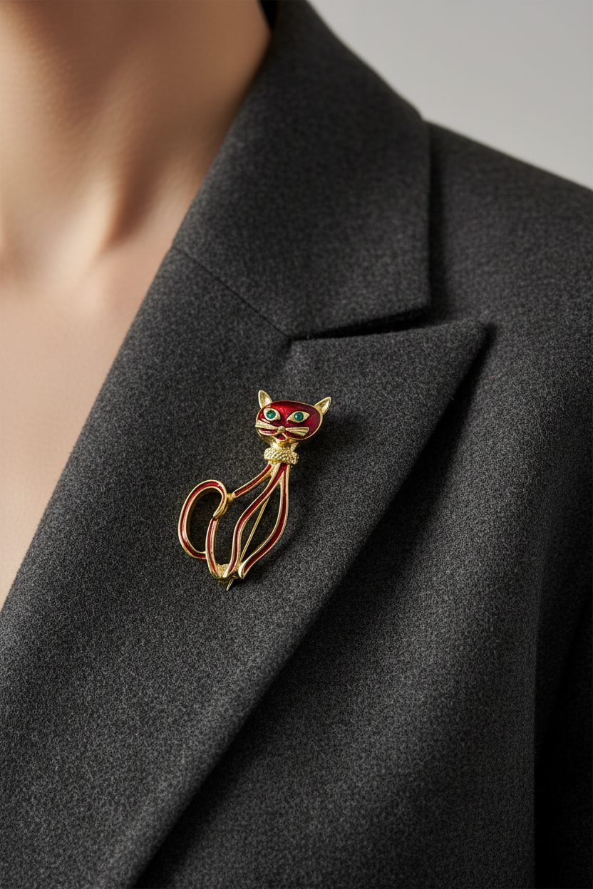 Vintage Gold-Tone Red Enamel Cat Brooch Figural Animal Open-Work Green Eyes Pin