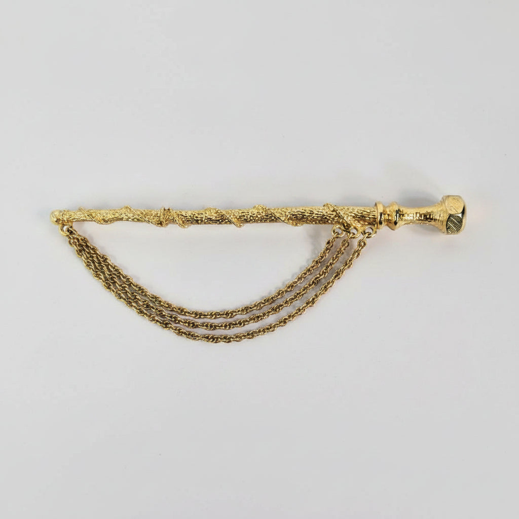 Vintage Gold-Tone Long Bar Brooch Figural Chain Swag Scepter