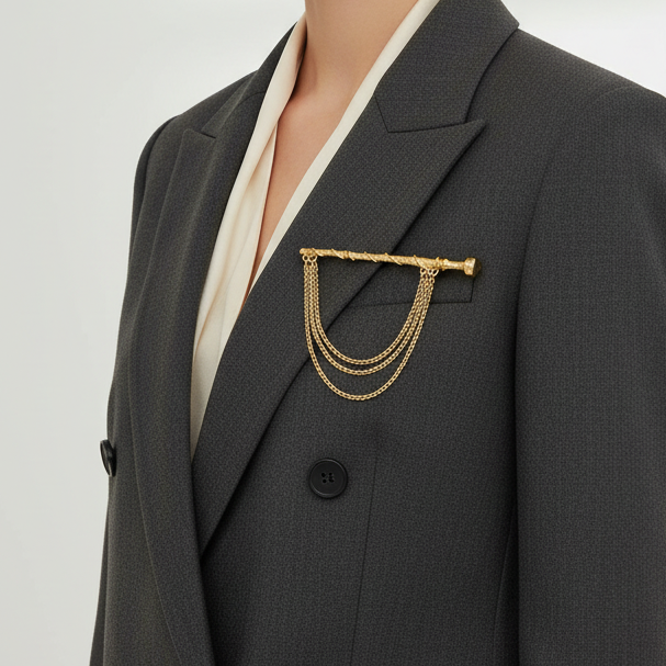 Vintage 1970s Gold-Tone Long Bar Brooch Figural Chain Swag Jabot Style Pin UK