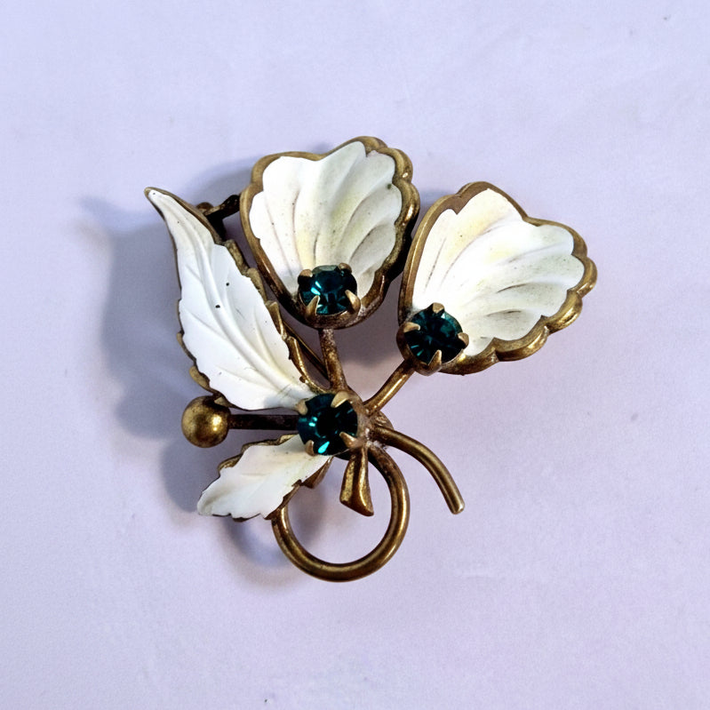 Vintage White Enamel Floral Brooch Gold Tone Emerald Rhinestone