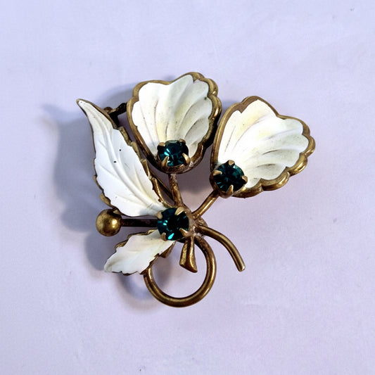 Vintage White Enamel Floral Brooch Gold Tone Emerald Rhinestone