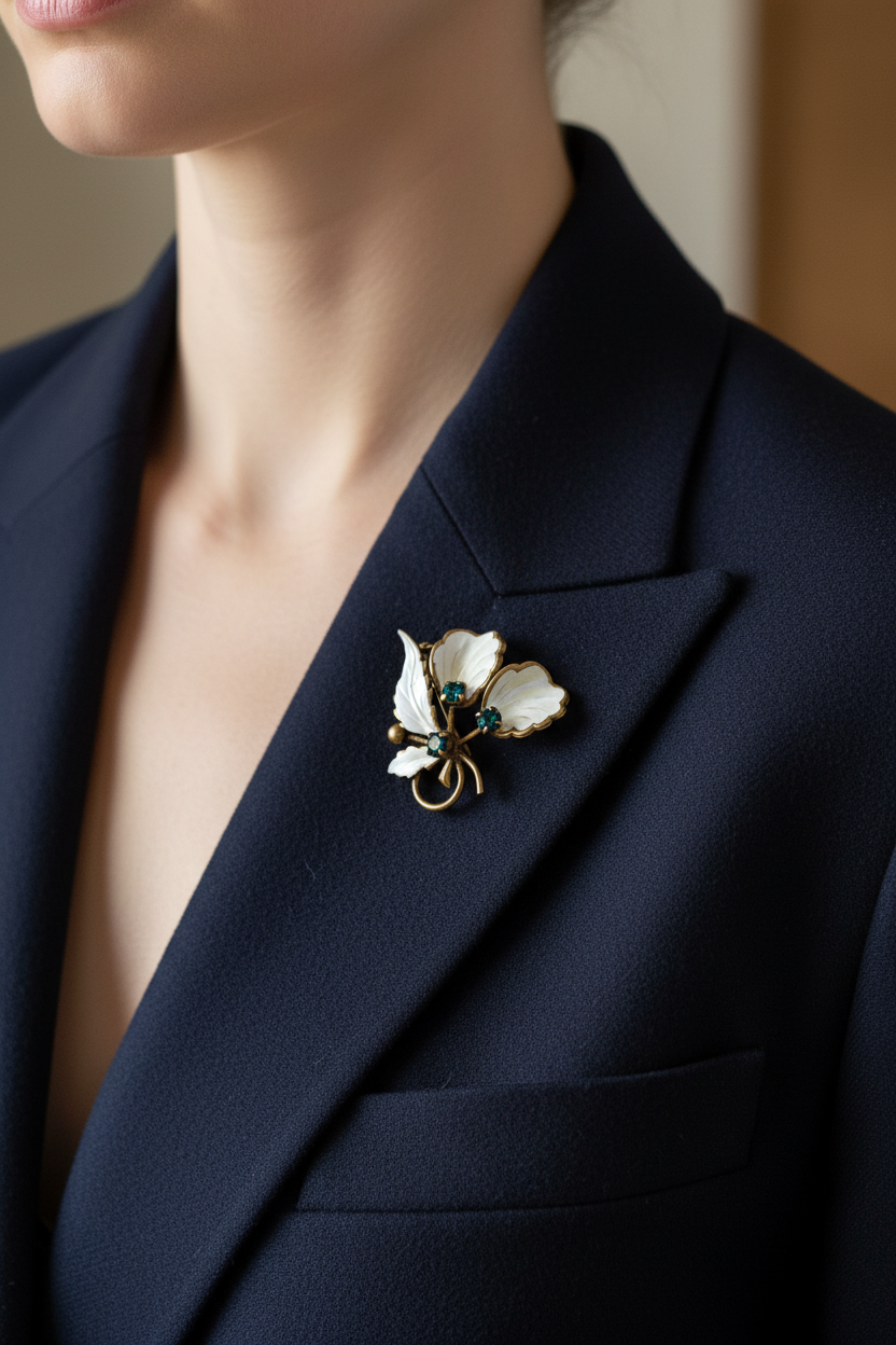 Vintage White Enamel Two-Flower Brooch Gold-Tone Teal Rhinestone Mid-Century Pin