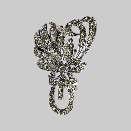 Vintage Silver-Tone Floral Brooch Ornamental Rhinestone Pin