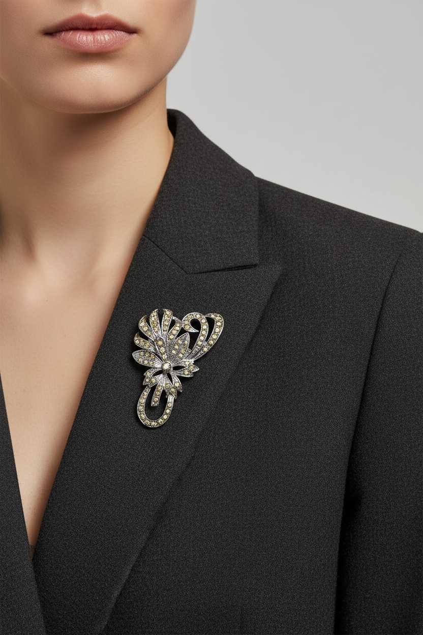 Vintage Silver-Tone Floral Brooch Rhinestone Pin Botanical Mid Century Costume
