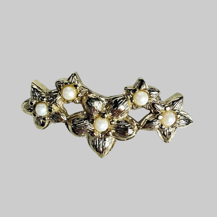 Vintage Gold Tone Floral Brooch Faux Pearl Botanical Costume Jewelry Cluster Pin