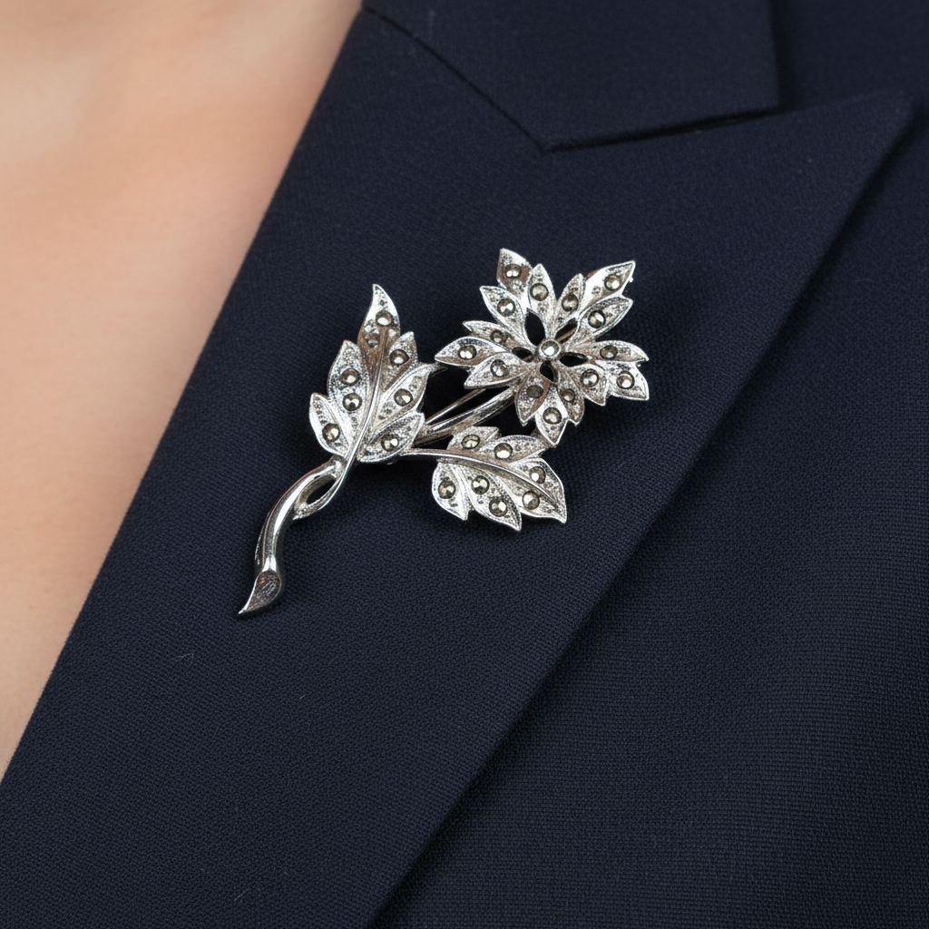 Vintage 1950s Silver-Tone Floral Brooch Marcasite Mid-Century Pin Costume Chic