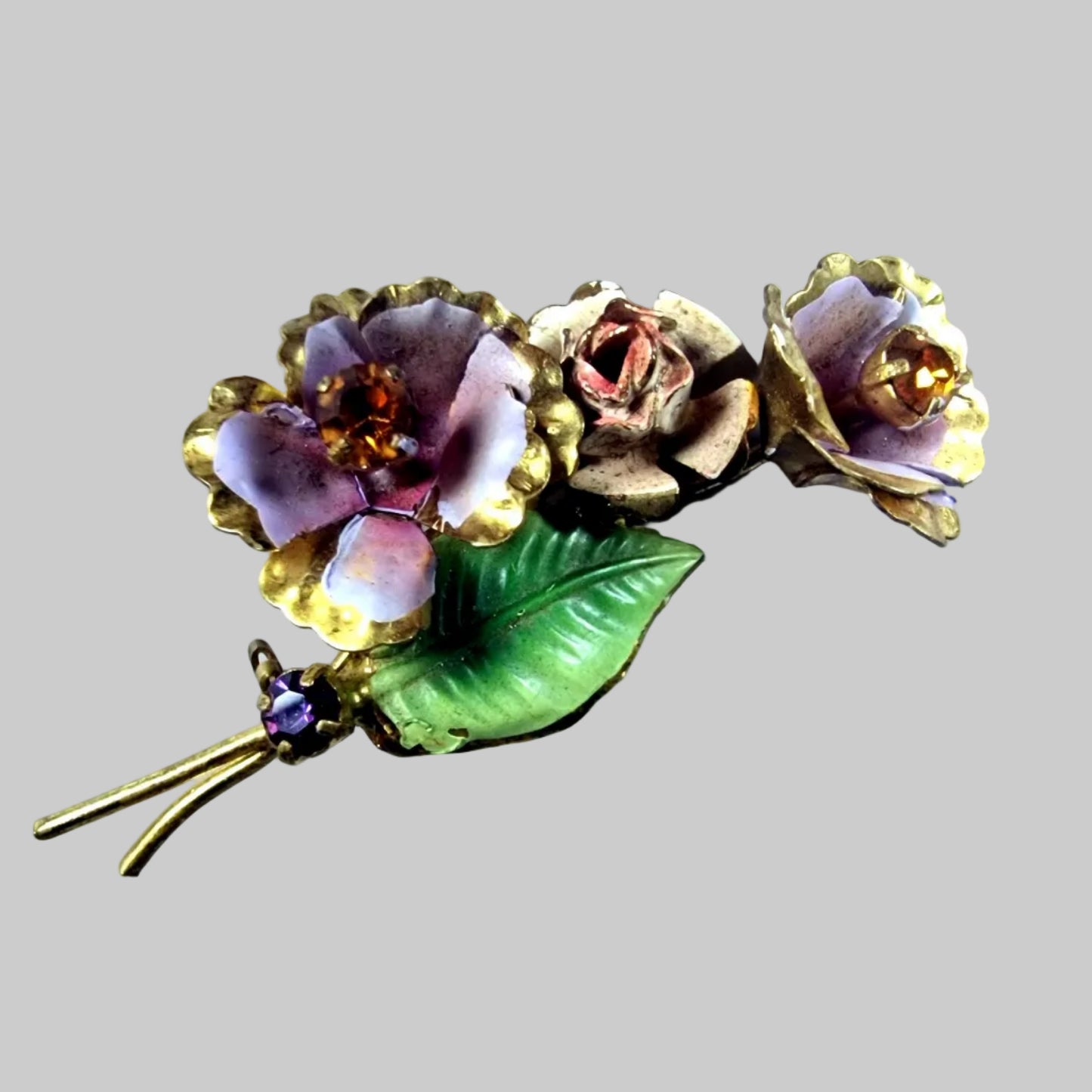Vintage Gold-Tone Enamel Floral Bird Brooch Figural Mid-Century Botanical Rose