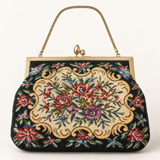 Women's black multicolour floral tapestry evening bag with gold-tone frame and chain handle
