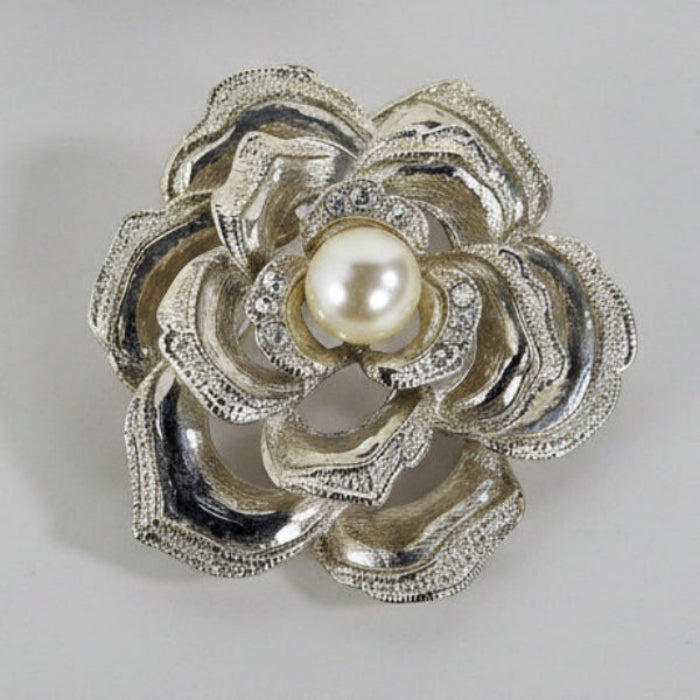 Silver-Tone Rose Brooch, Faux Pearl Centre, Clear Rhinestone Floral Pin, Vintage Costume Jewelry – photo 2