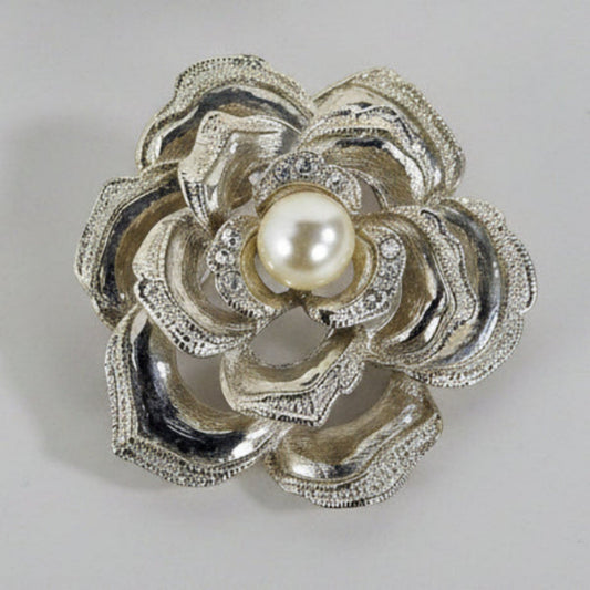 Silver-Tone Rose Brooch, Faux Pearl Centre, Clear Rhinestone Floral Pin, Vintage Costume Jewelry – photo 2