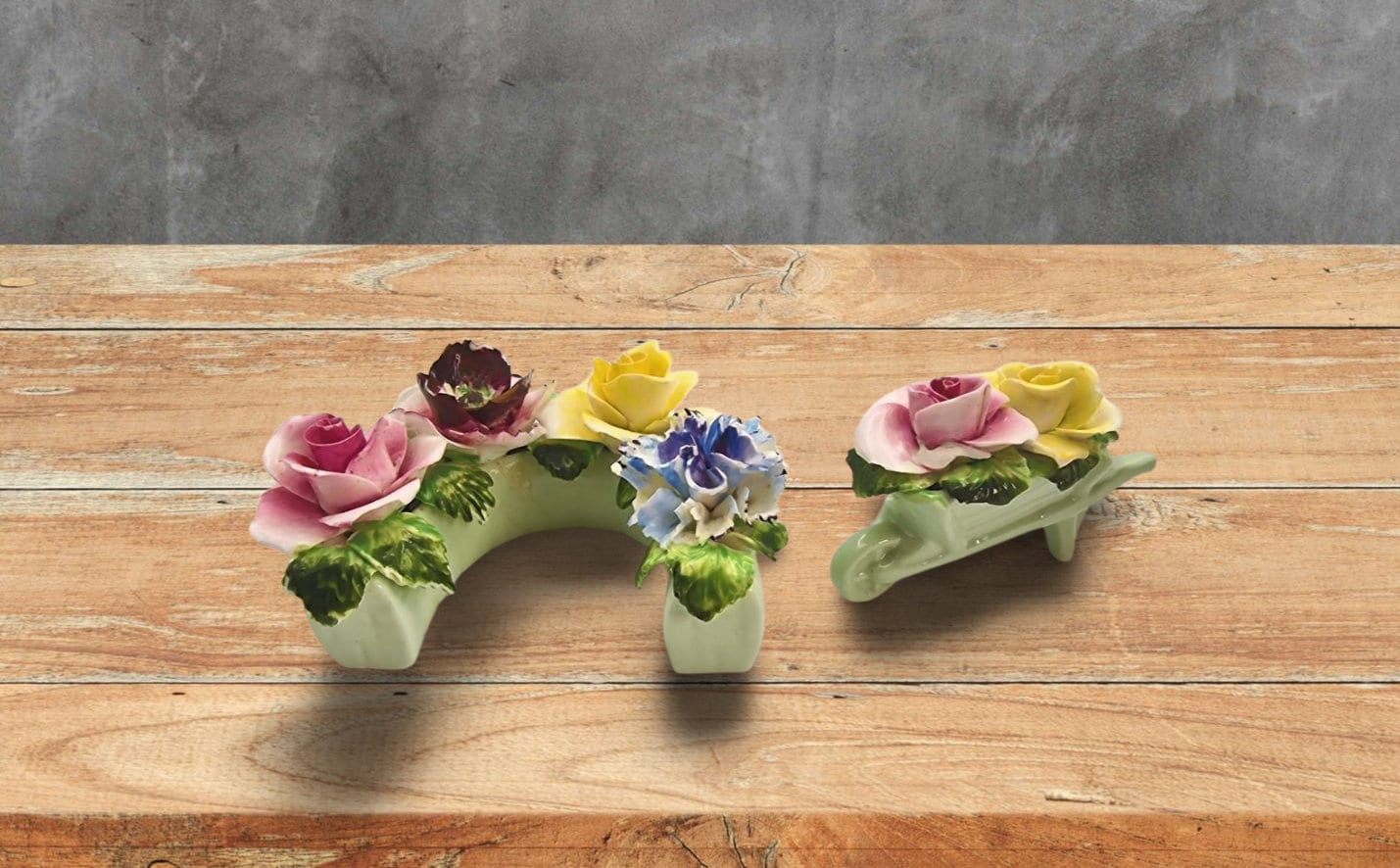 Radnor Bone China Floral Horseshoe and Wheelbarrow Set, Hand-Painted England, Vintage Posy Holder