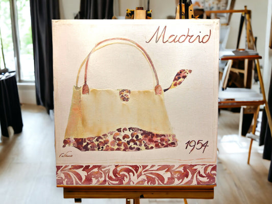 1954 Fabrice de Villeneuve Oil Painting on Canvas, Madrid Fashion Handbag, Signed Original Art, Vintage Wall Decor