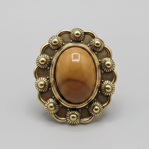 Vintage 1970s Gold-Tone Amber Cabochon Brooch Ornate Floral Daisy Botanical UK