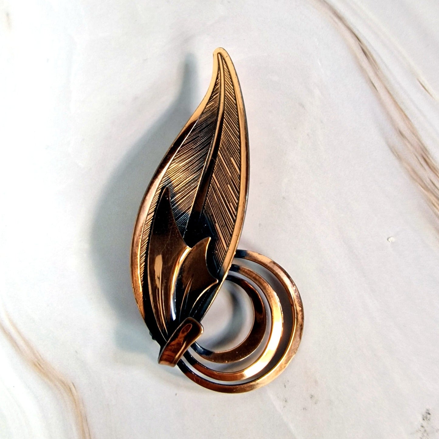 Vintage Copper-Tone Leaf Brooch Engraved Botanical Scroll Pin