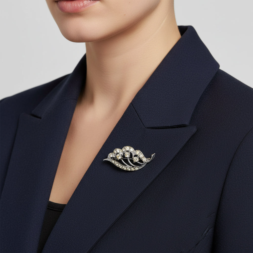 Vintage Silver-Tone Leaf Brooch Rhinestone Floral Botanical Pin