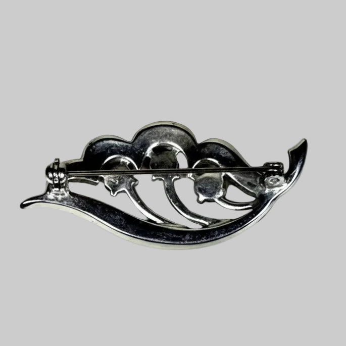 Vintage Silver-Tone Leaf Brooch Rhinestone Floral Botanical Pin – photo 2