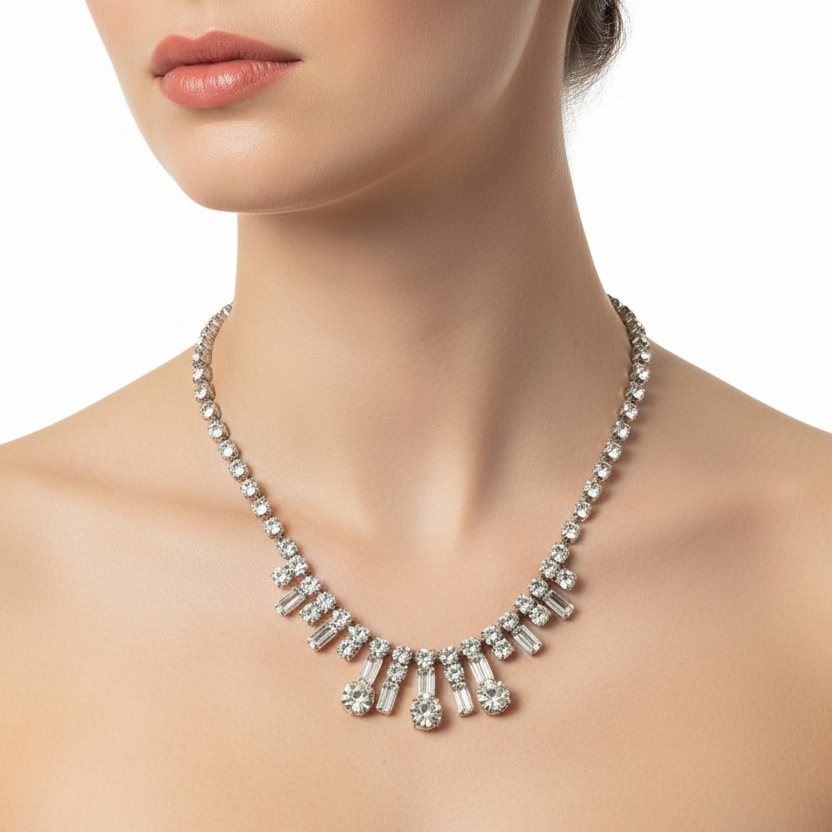 Mid-Century Silver-Tone Rhinestone Choker Necklace, Graduated Fan Baguette Center, Clear Crystal, 1950s 1960s Vintage Costume Jewelry – photo 2
