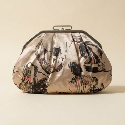 Vintage-Style Contemporary Multi-Color Metal Frame Clutch with Illustrated Print, studio front view