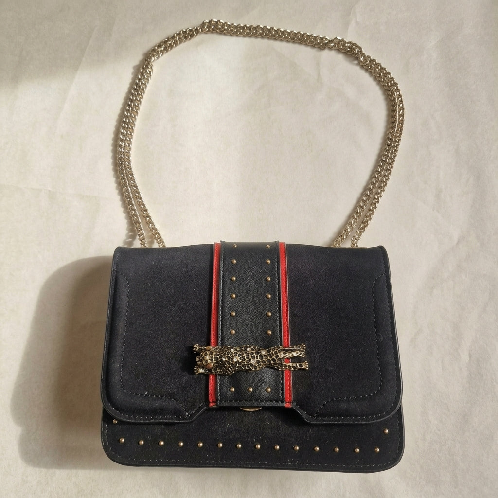 Topshop Modern Black Shoulder Bag Red Trim Gold Tone Chain Strap Leopard Clasp, studio front view