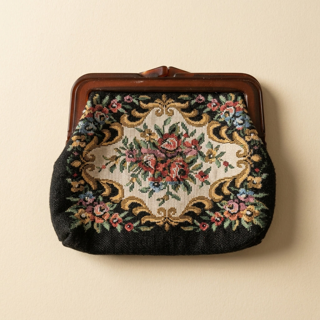 Vintage 1950s Multicolour Tapestry Plastic Frame Clutch Purse Floral Bouquet, studio front view