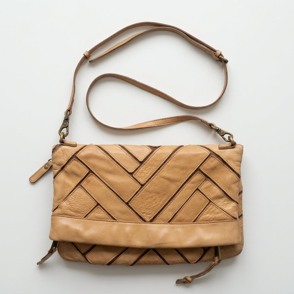 Vintage UGG 2000s Tan Leather Crossbody Bag Geometric Herringbone Patchwork Zip, studio front view