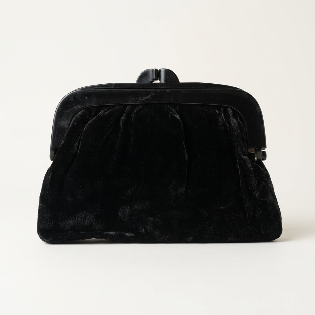 Vintage 1980s Black Velvet Frame Clutch Bag Viscose Evening Purse Made in Italy, studio front view