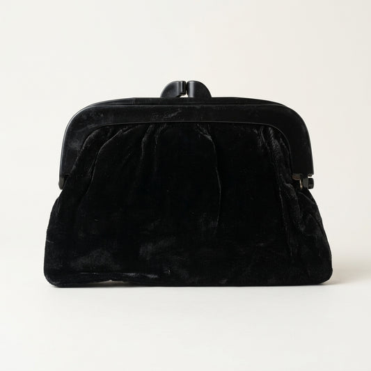 Vintage 1980s Black Velvet Frame Clutch Bag Viscose Evening Purse Made in Italy, studio front view
