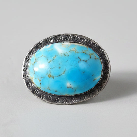Vintage Silver-Tone Oval Brooch Turquoise Cabochon Natural Stone Embossed Pin