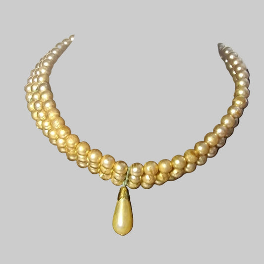 Vintage Three-Strand Pearl Choker, Teardrop Pendant Necklace, Champagne Faux Pearl, Retro Costume Jewelry