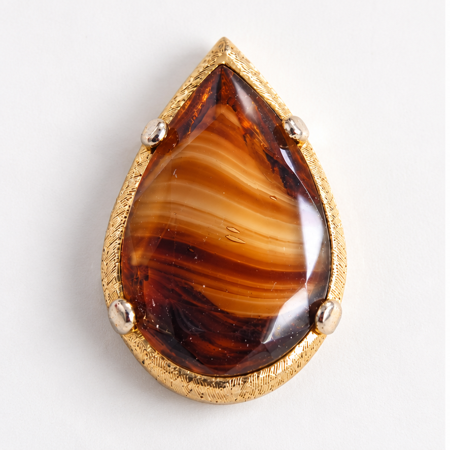Vintage 1970s Gold-Tone Teardrop Pendant Banded Agate Natural Stone Jewellery