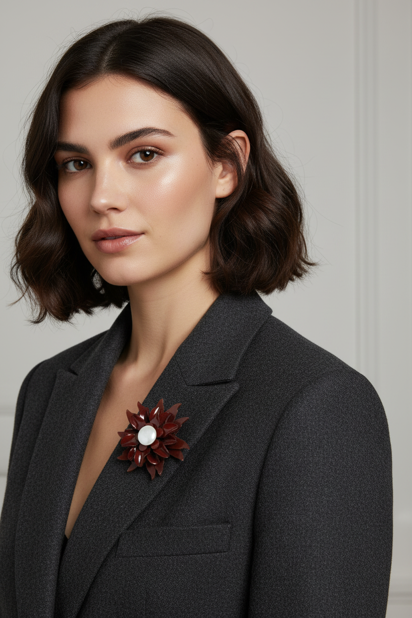 Vintage 1970s Rust-Orange Plastic Floral Brooch Botanical Multi-Petal Lapel Pin
