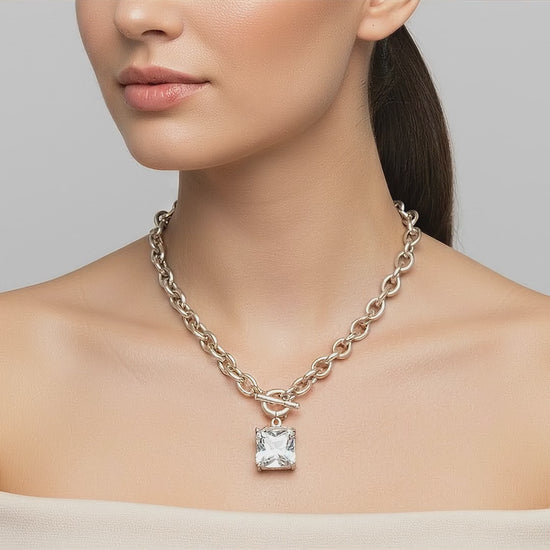 Vintage 1990s Silver-Tone Cable Chain Necklace Square CZ Crystal Toggle Clasp — tiktok