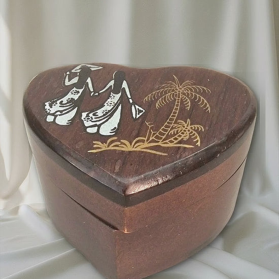 Vintage 1970s Dark Wood Heart Jewellery Box Red Velvet Figural Painted Tropical — tiktok