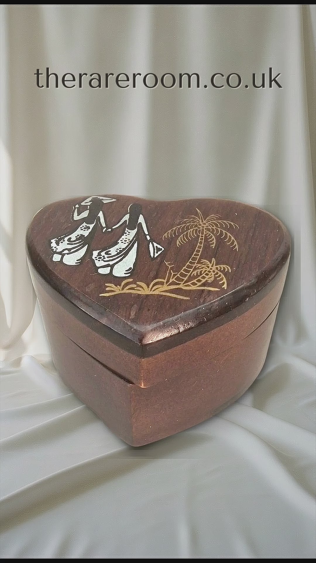 Vintage 1970s Dark Wood Heart Jewellery Box Red Velvet Figural Painted Tropical — tiktok