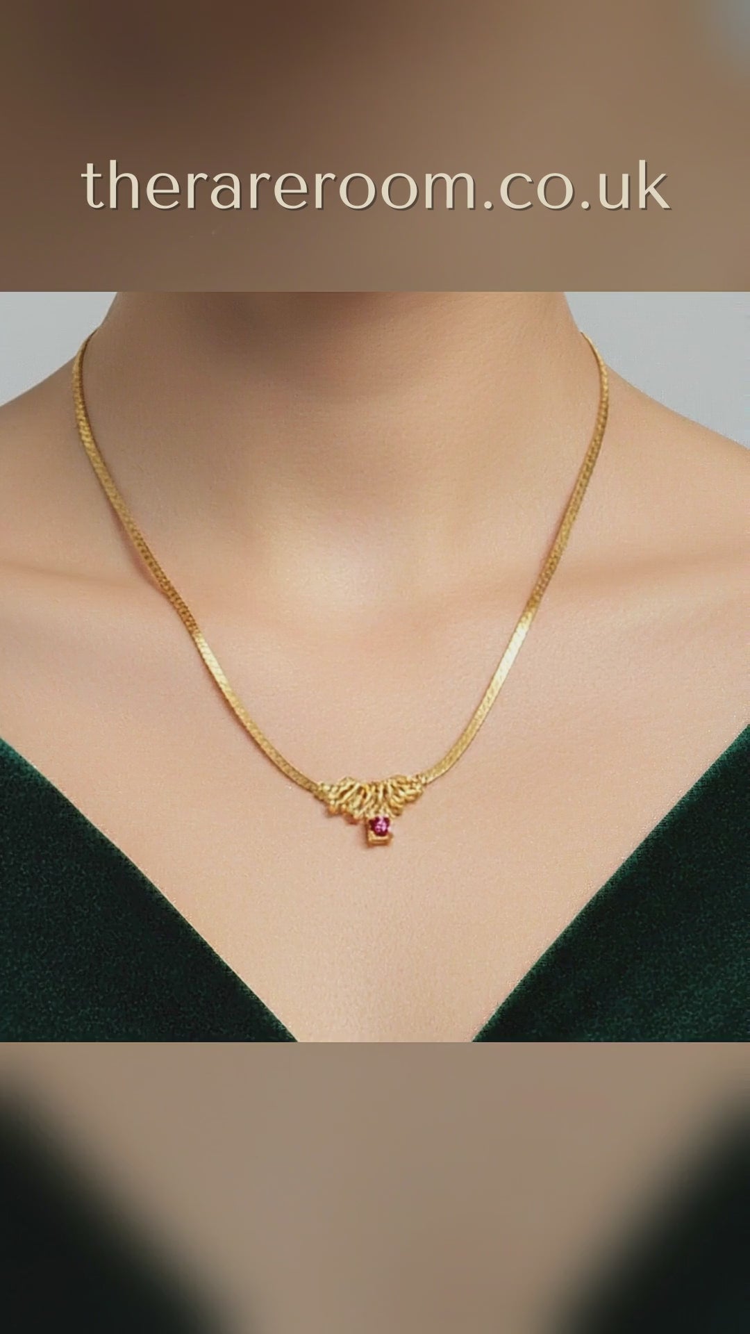 Vintage 1980s Gold-Tone Herringbone Chain Necklace Red Rhinestone Drop Pendant — tiktok