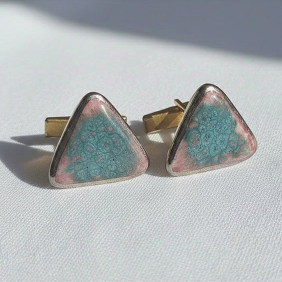 Vintage 1970s Studio Ceramic Cufflinks Teal Rose Glaze Gold-Tone Geometric Men — tiktok