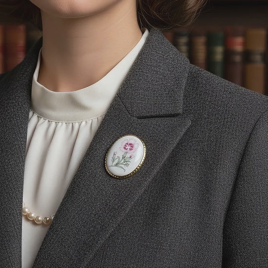 Vintage 1970s Bone China Oval Brooch Pink Carnation Floral Gold-Tone Lapel Pin — tiktok